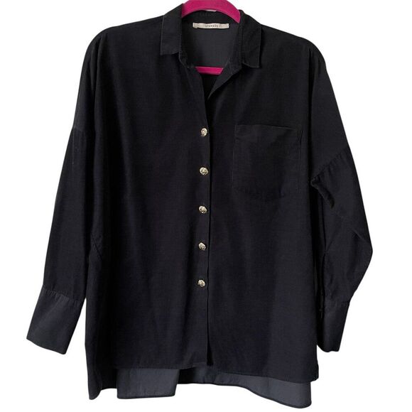 Uterque Black Ribbed Long Dolman Sleeves Oversized Golden Button Lion Shirt S - Picture 1 of 10